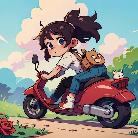 A two-and-a-half-year-old girl，Riding a scooter with three pigtails，On a country road，There are roses on both sides of the road，in style of hayao miyazaki