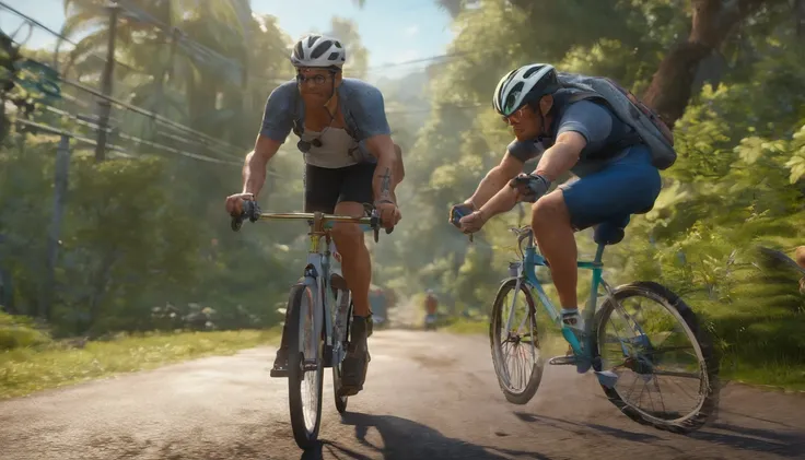 homen branco, 50 anos, bermuda preta com camisa marela, capacete branco, oculos de ciclista, pedalando uma bicicleta speed, asfalto quante, floresta em volta, estrada longa ao fundo, desfocada, DISNEY PIXAR ANIMATION TYPE