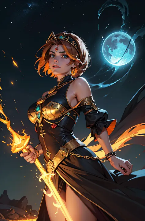 A beautiful demonic sorceress casting a fire spell,((Holding a long golden majic staff)), de corpo inteiro, various burning chains around her,(((Rosto perfeito detalhado))), sorriso leve, rosto bonito, corpo sedutor, corpo alto, corpo maduro, corpo inteiro...