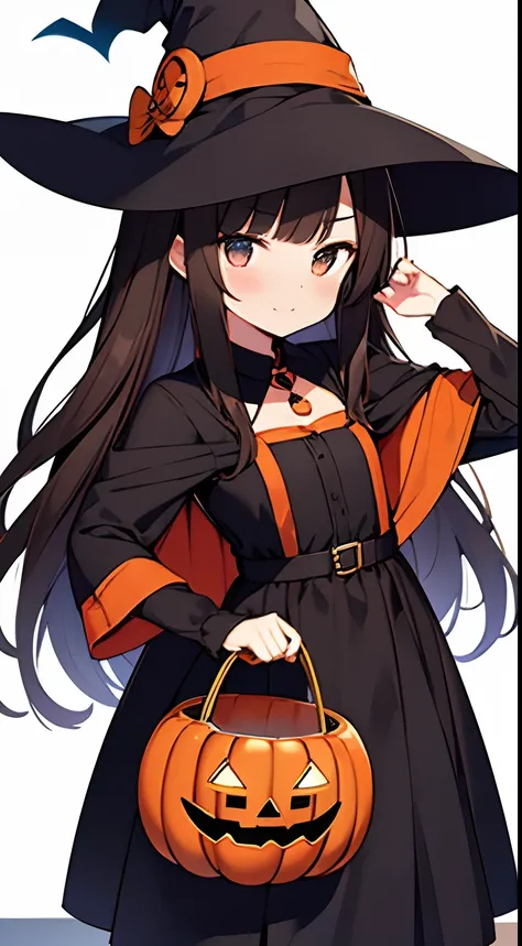 Halloween, costumes, brown hair, black hair, jack o lantern, Mini witch, cute