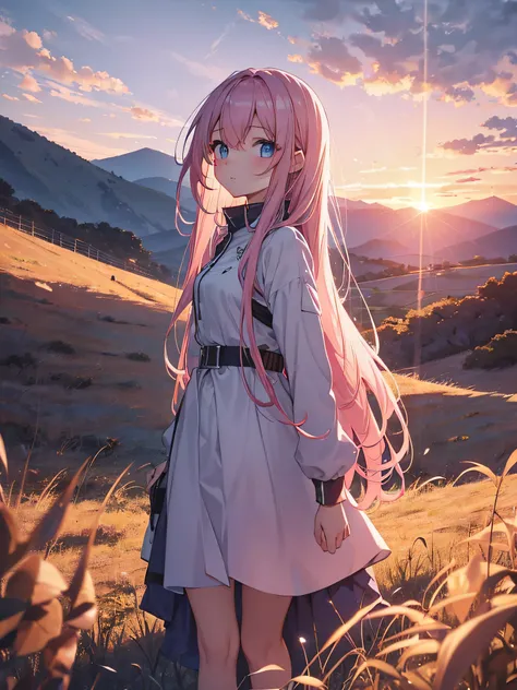 One girl. long pink hair. sky blue eyes. sunset. walking on the hill close to small town. cloudy. 8k. Masterpiece. ultrasharp. teenager girl. shes 18 years old