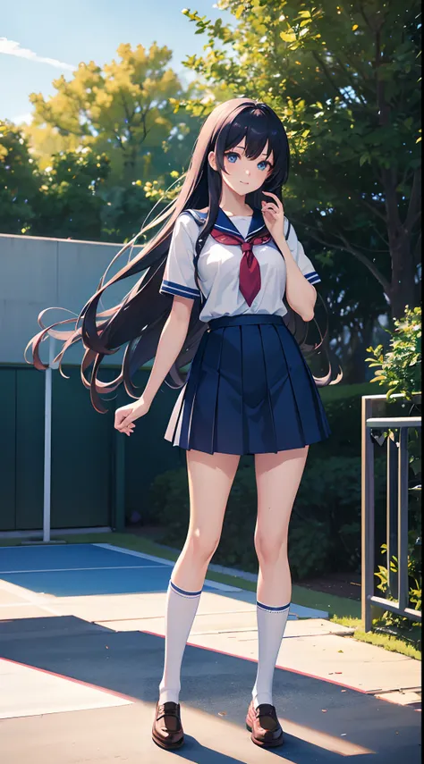 School anime girl with long hair and blue shirt，Photorealistic anime, ，Realistic young anime girl, render of a cute 3d anime girl，Pictures of slender and fair legs all over the body，over knee socks，Campus uniforms，A full-body photo of a beautiful girl，Smil...