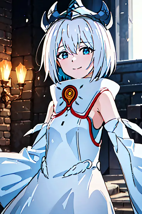 EMOTIONAL_HARDCORE,WHITE HAIR, SHORT HAIR, WHITE DRESS,BLACK CROWN, SLEEVELESS, WIDE SLEEVES, 1girl, solo, facing viewer, looking at viewer, upper body, smile.