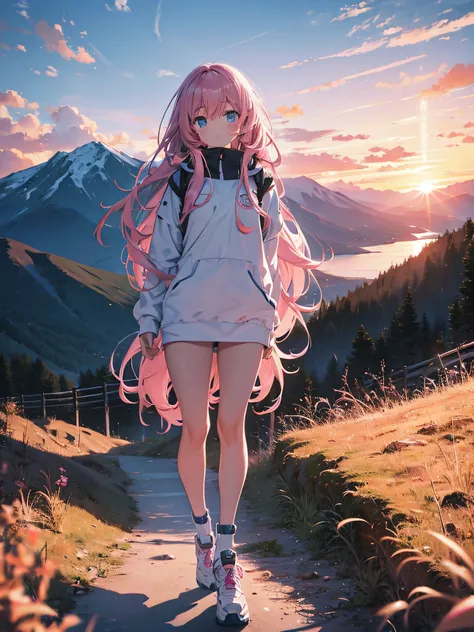 One girl. long pink hair. sky blue eyes. mountain. sunset. walking. cloudy. 8k. Masterpiece. ultrasharp