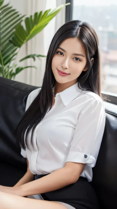 (best qualtiy，8K，tmasterpiece:1.3)，(sharp fokus:1.2)，Jet-black hair，ssmile，(A girl sits on a sofa:1.2)，(perfect body figure:1.4)，(The shirt:1.2)，office room，rays of sunshine，Fine face，beautidful eyes，Straight legs