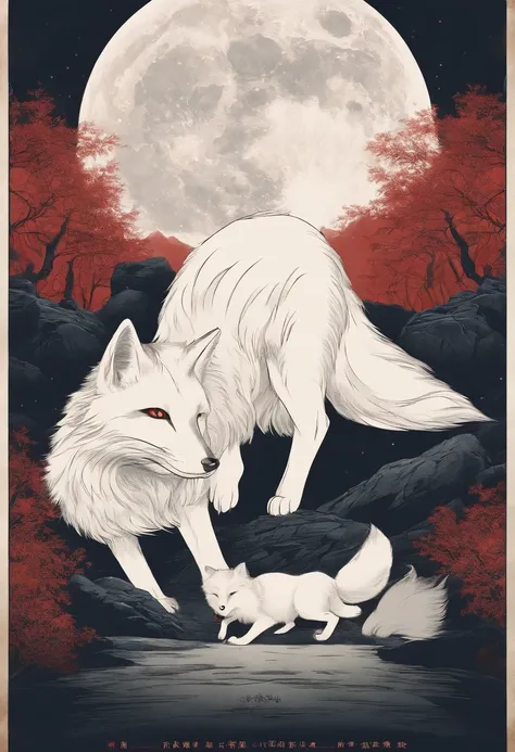 Chinese movie poster，red tint，A huge moon illuminates the entire village，The village is full of snowflakes，A white fox demon with 9 tails spits out a night pearl，Towards the moon，In the lower right corner, There was a house where there were several faces p...