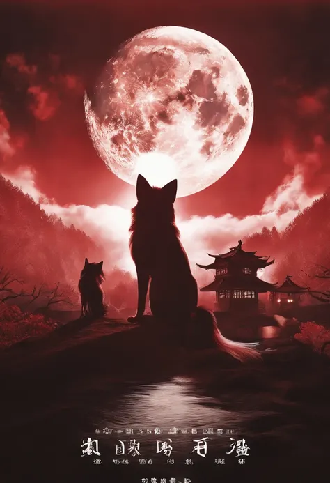 Chinese movie poster，red tint，A huge moon illuminates the entire village，The village is full of snowflakes，A white fox demon with 9 tails spits out a night pearl，Towards the moon，In the lower right corner, There was a house where there were several faces p...