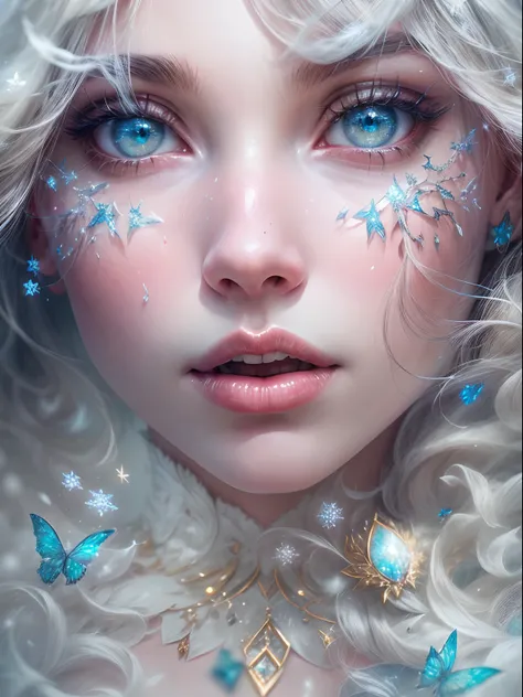 Generate beauty, Realistic fantasy artwork with bold gemstone tones, Nice glitter and shimmer, And a lot of snowflakes. Generate a glowing and petite woman with curly hair, Metallic hair, and realistic textured hair. Her skin is pure white，It seems to glow...