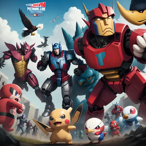 Movie Poster of Optimus Prime and waifu holding a pokeball are surrounded by Pokemon Monsters and are preparing to fight.  A bald eagle is flying above. An American flag in in the background.