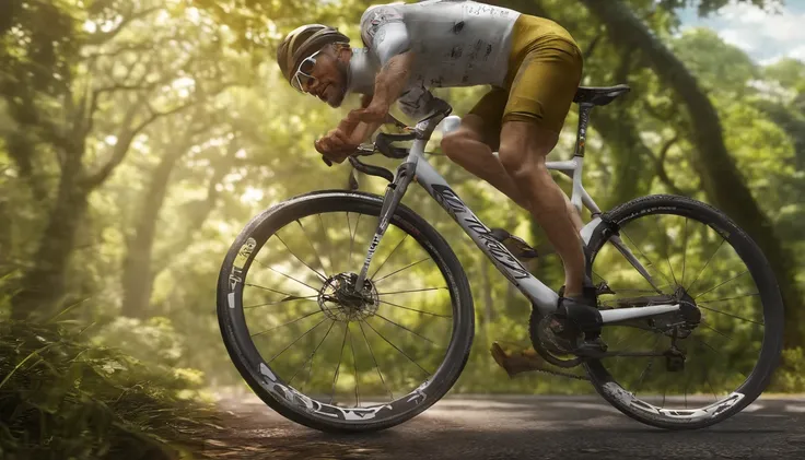 homem branco, 50 anos, bermuda preta com camisa amarela, capacete branco, cyclist glasses, pedalando uma bicicleta speed, asfalto quente, floresta em volta, estrada longa ao fundo, desfocada