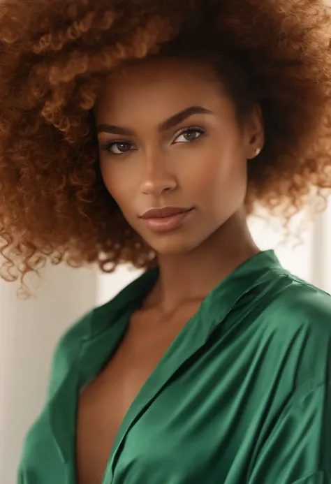 "Ultra-realistic image of a beautiful 22-year-old Afro-Latin girl,Caramel peel, corps parfait, Prendre un selfie dans son bureau avec son sony A7RV, maigre, taille ultra-fine, cheveux rouge, Curly and curly hair karibean , piercing green eyes.hyper-realist...