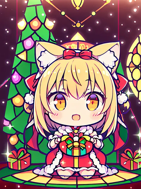 tchibi, (nendoroid), (Nekomimi, Kefir Girl), plump shiny lips, Beautiful clear eyes, (The best smile), Spoken Heart, (santa costume:1.2), ((🎁,Large Gift Box:1.3)), (Big Christmas Tree:1.2), (Lots of gifts BOX:1.4), (Stained glass window background:1.5), (l...