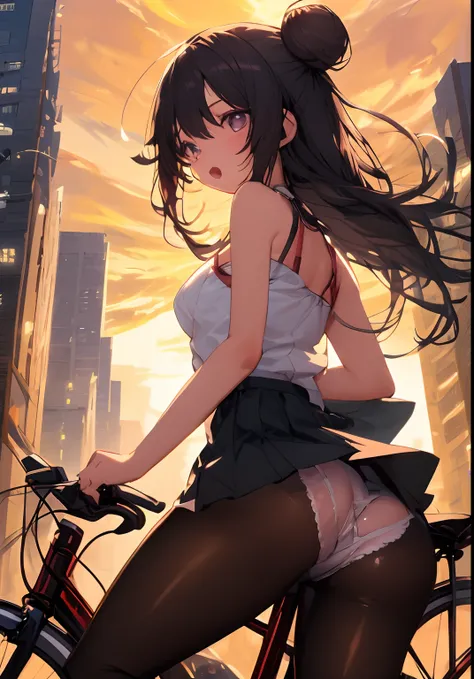 1 cute girl , City bike pedaling , wave her hand , Carrying a bag,from rear, From below, school uniform, ((Frosting skirt)), ((White panties), Long hair, half up, Background sunset, Backlight , Kaihuai,(Medium to short bun Black hair), Open mouth, ((masute...