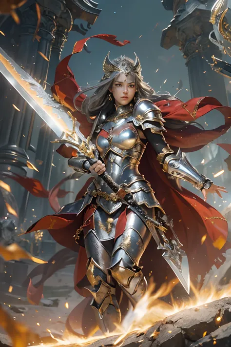 (best quality: 1.2), masterpiece, ultra detailed 8K UHD, ((official art)), cg, 1 super detailed warrior goddess, standing majestically on a battlefield, (dynamic pose: 1.3), detailed armor reflecting the heat of battle, (intricate detail), radiant, powerfu...