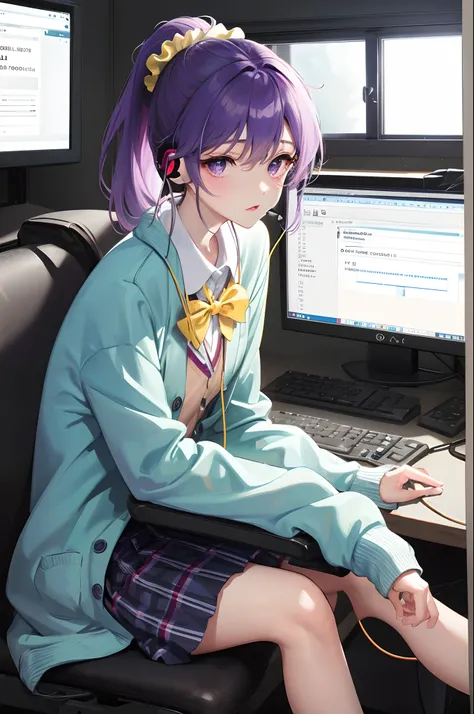 Purple hair ponytail scrunchie yellow、Light blue cardigan over uniform、High school girl、
There is no light in my eyes、Sitting in front of the computer in your room with earphones