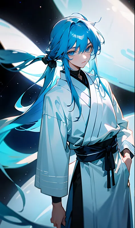 20 year old man long water blue hair wearing blue haori with some white parts while standing in a space made of water blue eyes calm expression