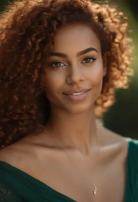 "Ultra-realistic image of a beautiful 22-year-old Afro-Latin girl,Caramel peel, corps parfait, Prendre un selfie dans son bureau avec son sony A7RV, maigre, taille ultra-fine, cheveux rouge, Curly and curly hair karibean , piercing green eyes.hyper-realist...