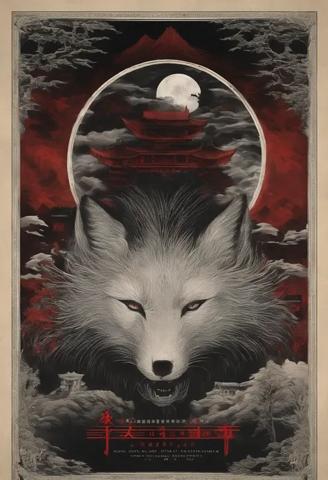 Chinese movie poster，red tint，A huge moon illuminates the entire village，The village is full of snowflakes，The white fox demon with 9 tails spits out a night pearl，Towards the moon，In the lower right corner, There is a house，There are a few faces peeking a...