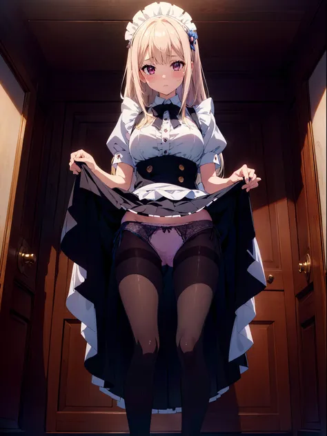 1  maid girl , ((skirt lift)), ((panties)), pantyhose ,(cowboy shot), character focus, close to viewer,blush, embarrassing ,high resolution,(incredibly absurdres), (hires.fix:1.3),anime visual,ultra detailed CG unity 8k wallpaper, ((masterpiece)), ((top-qu...