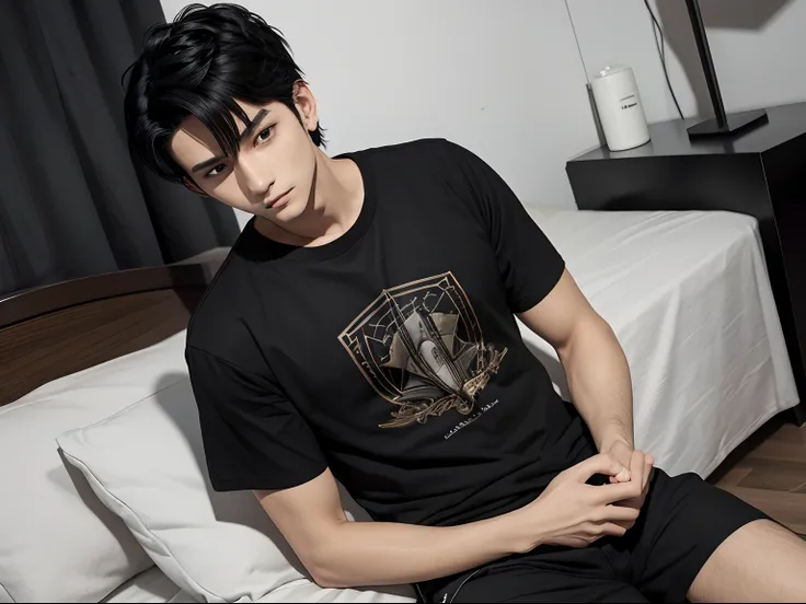 （tmasterpiece，best qualtiy），of a guy，Open box，with short black hair，Split head，black t-shirts，Bedrooms