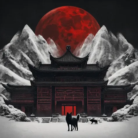 Chinese movie poster，red tint，A huge red moon illuminates the entire village，The village is full of snowflakes，A giant fox，Nine white tails