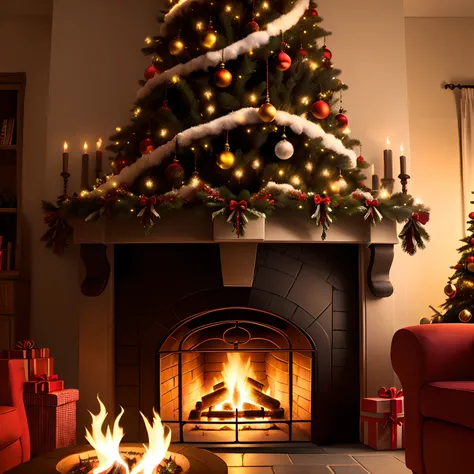 Telon de fotografia qie simule un esxenario de navidad co. Un arbol con luces y una chimenea