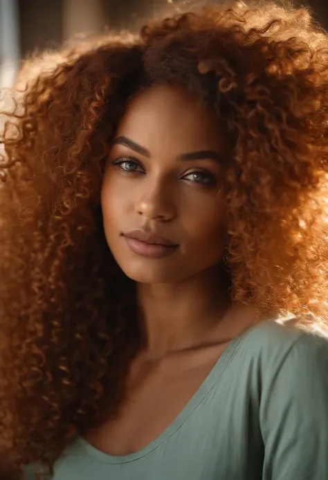 "Ultra-realistic image of a beautiful 22-year-old Afro-Latin girl,Caramel peel, corps parfait, Prendre un selfie dans son bureau avec son sony A7RV, maigre, taille ultra-fine, cheveux rouge, Curly and curly hair karibean , piercing green eyes.hyper-realist...