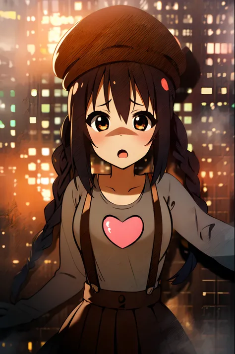 1girl, (((​masterpiece))), top-quality, top-quality, High Details, nakano azusa, 1girl, Twin-tailed, length hair, A dark-haired, brown-eyed, Gray T-shirt.suspenders.a black skirt.illustratio, comic strip, soothing tones, Subdued Color, Soft cinematic light...