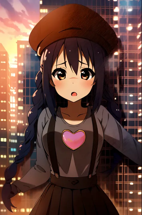 1girl, (((​masterpiece))), top-quality, top-quality, High Details, nakano azusa, 1girl, Twin-tailed, length hair, A dark-haired, brown-eyed, Gray T-shirt.suspenders.a black skirt.illustratio, comic strip, soothing tones, Subdued Color, Soft cinematic light...