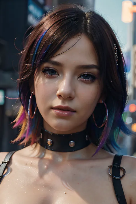 ((best quality)), ((masterpiece)), ((realistic)), (detailed), (1 girl) Close-up of woman with colorful hair and piercings, dreamy cyberpunk girl, 4K high detail digital art, stunning digital illustration, stunning 8K art, colorful, colorful and dark digita...