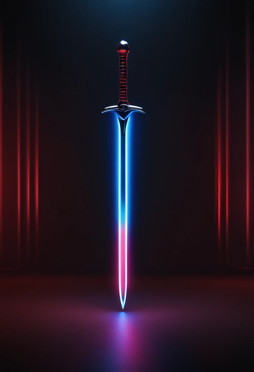 (high quality,4k,8k,highres,masterpiece:1.2), ultra-detailed, (realistic,photorealistic,photo-realistic:1.37), vibrant red and blue neon glowing sword, futuristic, isolated from background, sharp focus, vivid colors, dynamic lighting