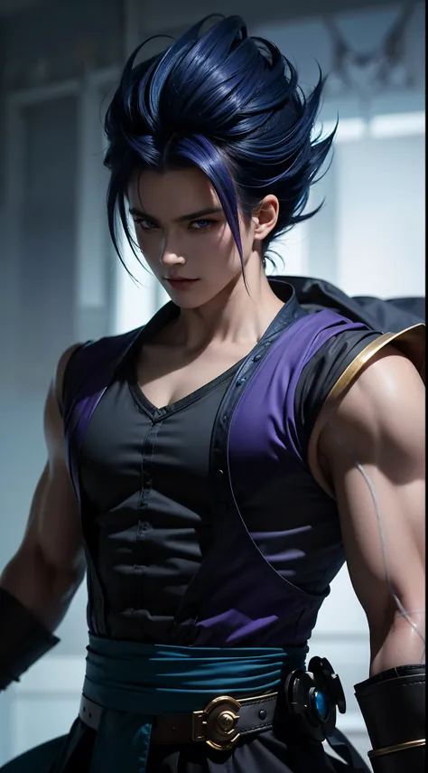 An 8k masterpiece, Highest resolution, All details, Meticulous details, Depth of field, bright colors, Nice layout: anime character Gohan impresses with his purple-blue hair and eyes that brightly illuminate every detail, standing on a dark and ominous bac...