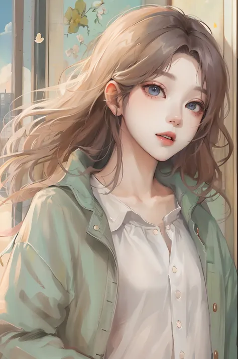 Absurdres, Masterpiece, Best quality, light colors, pastel colors, korean girl with Beautiful face , beautiful hair , a character from kdrama, anime eyes, semi casual clothes, masterpiece background, detailed background