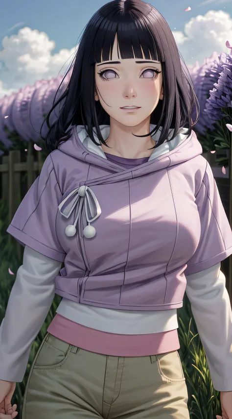 masterpiece, absurdres, hinata(boruto), 1girl, solo,mature female, purple hoodie,layered sleeves, brown pants,  outdoors,lavender flower field, looking at viewer, (falling petals), cloudy sky, perfect composition, detailed lips, big breast, beautiful face,...