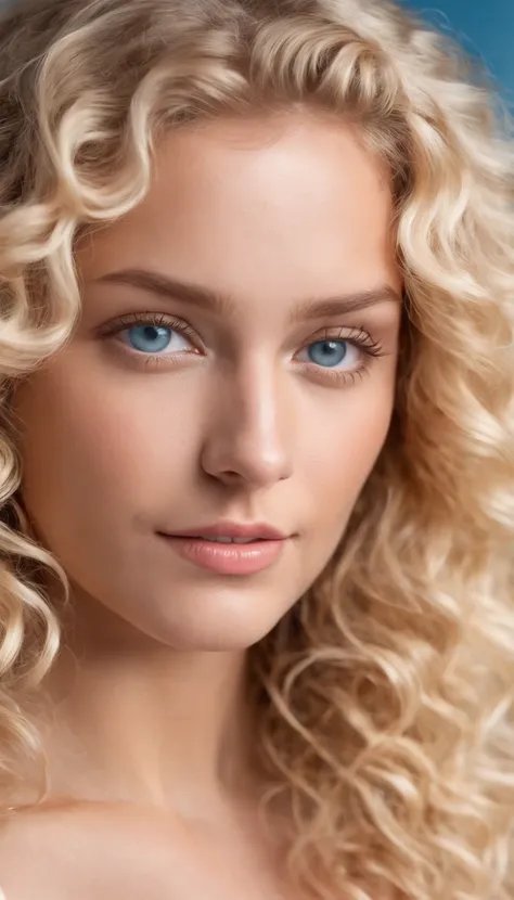 a extreme closeup of the skin of a beautiful blonde woman with curly hair, blue eyes, tanned skin, in summer clothes, 16:9