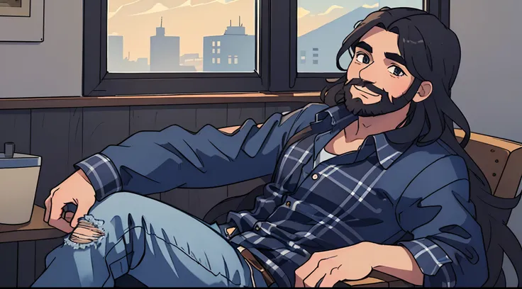 1 Man with a short black beard and long flowing hair, wearing a plaid shirt and blue jeans, sitting down smiling