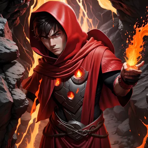 Lava boy, in lava room, red cloak lava, strong face