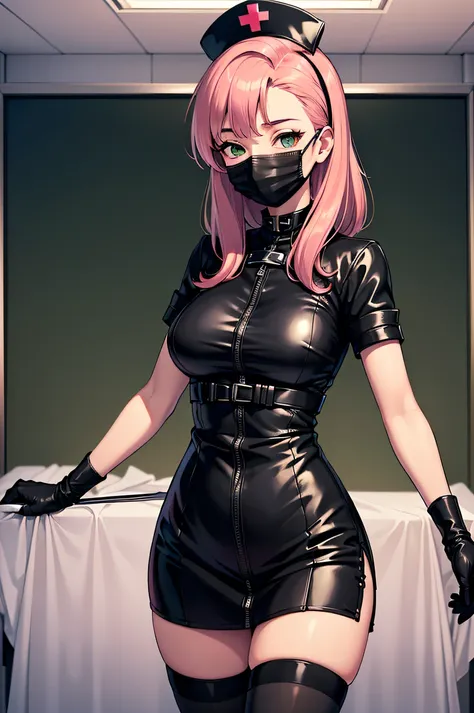 black nurse, 1woman, solo, black nurse cap, black wear, ((black legwear, zettai ryouiki)), black elbow gloves, pink hair, green ...