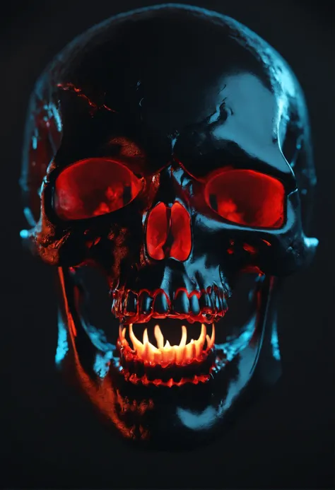 (best quality,4k,8k,highres,masterpiece:1.2),ultra-detailed,(realistic,photorealistic,photo-realistic:1.37),red and blue neon skull,open mouth,broken head,honey isolated,bottom background,glowing eyes,cracked texture,reflective surface,pulsating lights,fut...