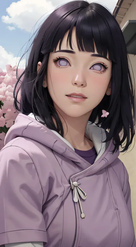 masterpiece, absurdres, hinata(boruto), 1girl, solo,mature female, purple hoodie,layered sleeves, brown pants,  outdoors,lavender flower field, looking at viewer, (falling petals), cloudy sky, perfect composition, detailed lips, big breast, beautiful face,...