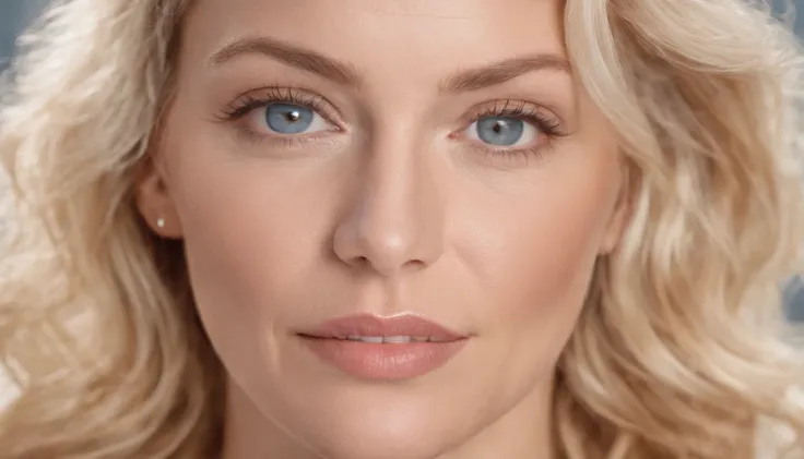 an extreme closeup of the facial skin of a beautiful 30 to 40-year-old blonde woman, starting to show very light wrinkles with curly hair, blue eyes, tanned skin, in summer clothes,