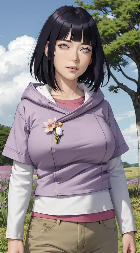 masterpiece, absurdres, hinata(boruto), 1girl, solo,mature female, purple hoodie,layered sleeves, brown pants,  outdoors,lavender flower field, looking at viewer, (falling petals), cloudy sky, perfect composition, detailed lips, big breast, beautiful face,...