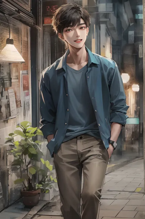 Absurdres masterpiece HDR high quality Picture a young, handsome Korean boy with warm and friendly features wearing a simple and comfortable casual outfit. He sports a clean, fresh haircut that accentuates his natural good looks, and a bright and genuine s...