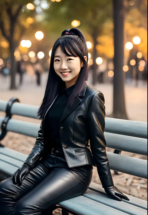 Japanese young cute smiling female secretary, black hair ponytail, black suit, black leather knee high long boots, ((black leather gloves in both hands,))、8K, sitting on a park bench at night, smilingly manipulating the tablet 8K