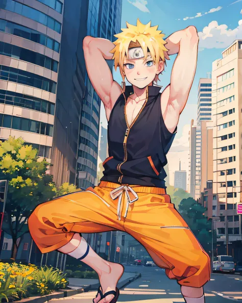 naruto, boy, blond hair, smile, city, HD, high res, looking at viewer, high quality, doing yoga