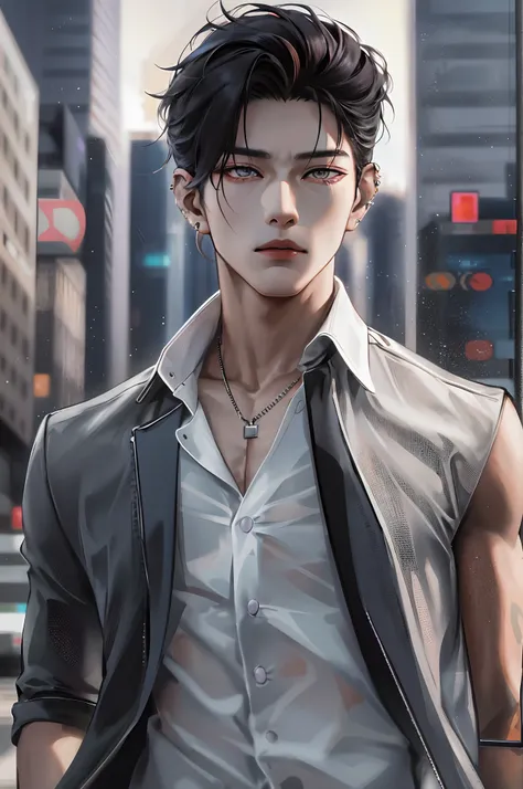 Describe the striking features of the Korean boy in sharp HD graphics, with his piercing amber eyes and chiseled jawline, wearing a stylish, modern outfit that accentuates his lean physique. His short, dark hair is styled in a contemporary way, giving him ...