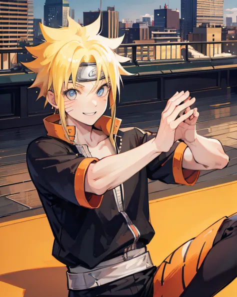 naruto, boy, blond hair, smile, city, HD, high res, looking at viewer, high quality, doing yoga