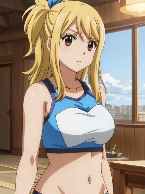 1girl, lucy heartfilia, solo, blonde hair, brown eyes, long hair, indoors, looking at viewer, anime coloring, parody, side ponytail, upper body, hair ribbon, barriga, belly, breasts,