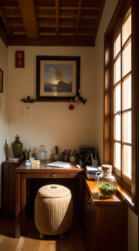 Ancient Chinese Office，Arrange medical tools and utensils，Carved beams and paintings，Layered, Sunset lighting，A medicine jar containing medicinal herbs，impressionistic，tmasterpiece，ultra - detailed，Epic composition, HighestQuali，hyper realisitc，Art germ