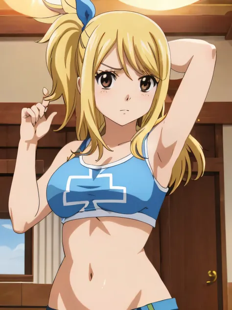 1girl, lucy heartfilia, solo, blonde hair, brown eyes, long hair, indoors, looking at viewer, anime coloring, parody, side ponyt...